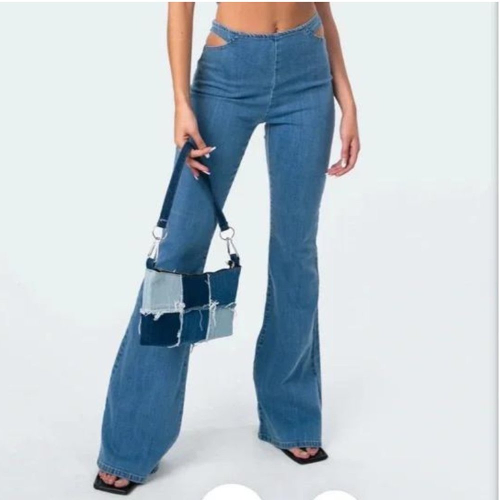 Edikted Kira Cut Out Jeans Flare Womens Medium